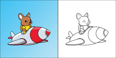 Cute bunny riding a space rocket suitable for kids coloring page vector illustration