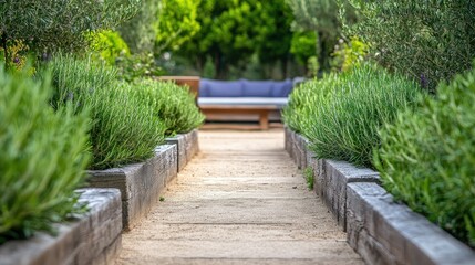 Obraz premium A rustic garden path lined with rosemary bushes, leading to a cozy outdoor seating area, creating a peaceful and inviting atmosphere.