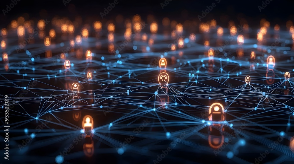 Poster glowing ai-powered social network with interconnected digital nodes
