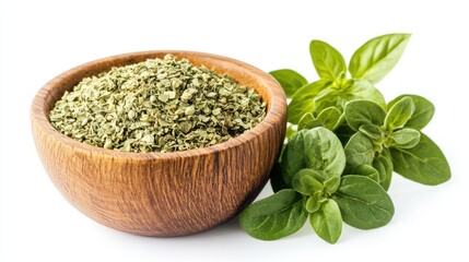 A rustic wooden bowl filled with dried oregano flakes, paired with fresh oregano leaves, all isolated on a white background for a clean, natural look.