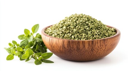 A rustic wooden bowl filled with dried oregano flakes, complemented by fresh oregano leaves, all neatly arranged and isolated on a white background.
