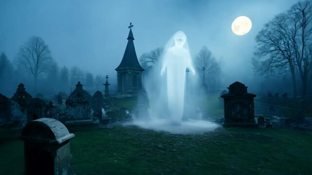 A haunted cemetery under natural moonlight, as a ghost emerges from a grave, with surrounding crypts casting ominous shadows