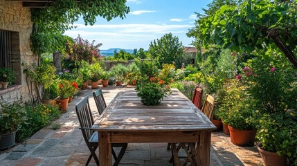 Obraz premium A rustic wooden table and chairs set in a picturesque garden, with colorful plants and a clear blue sky.