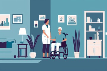 A caring nursing environment featuring a nurse assisting a patient in a wheelchair. The room is calming with plants and soft colors. This illustration represents compassion and healthcare