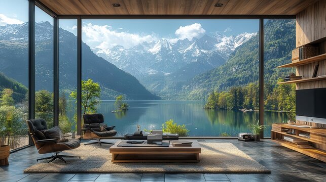 serene mountain vista as immersive virtual meeting background photorealistic detail blends with subtle digital enhancements zeninspired home office setup in foreground