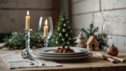 Stylish Christmas table setting. Modern little Christmas tree on plate, vintage cutlery, wineglass, modern christmas trees and houses on white rustic table. Holiday brunch, new year celebration