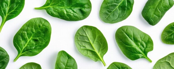 Obraz premium illustration of fresh and vibrant spinach leaves, showcasing their detailed texture against a clean white background, highlighting their natural elegance.