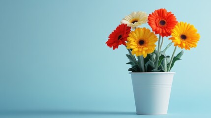Vibrant flowers in a pot, placed on a plain background, providing a striking and simple design with space for text.