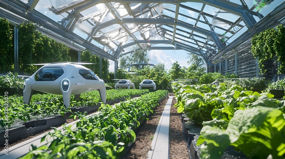 Poster autonomous ai-powered farm with robotic harvesters and aerial drones representing the future of