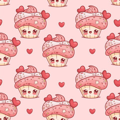 Seamless pattern with cute romantic cream cupcake with heart on pink background. Funny sweet dessert cake kawaii character. Vector illustration
