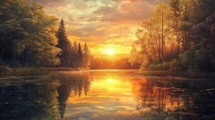 Obraz premium Warm light of golden hour shines over a tranquil lake, reflecting tall trees and the setting sun in a peaceful, harmonious scene.