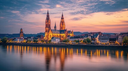 A serene evening at the Mainz Cathedral in Germany, with the cathedral illuminated by warm lights, and the sky transitioning from day to night.