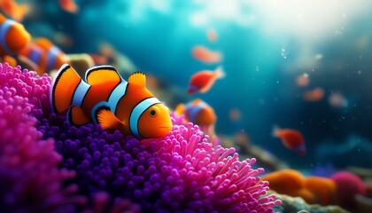A vibrant clownfish swims gracefully among colorful coral in a serene underwater scene, showcasing marine life diversity.