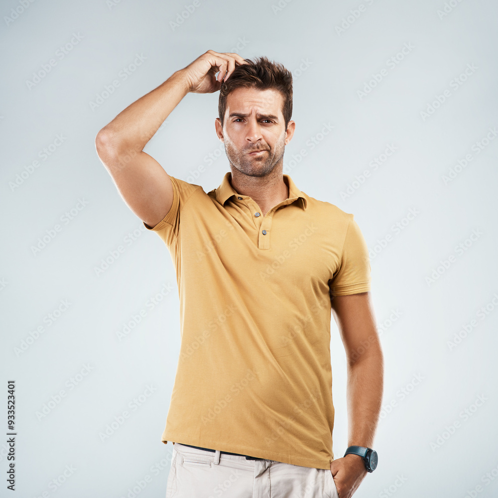 Aufkleber Puzzled, thinking or portrait of man confused by decision, choice or ideas in studio on white background. Scratching head, lost and face with curious mindset for doubt, problem solving and questions