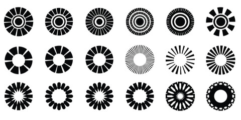 Sun burst radial vector elements. Vintage sunburst collection. Starburst sunburst round shape. Black burst circular background. Vector illustration.