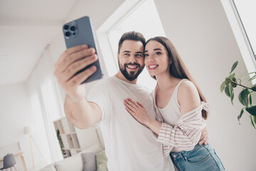 Portrait of two nice young people cuddle take selfie smart phone bright interior free time apartment indoors