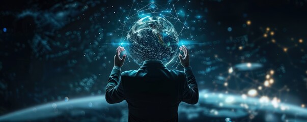 Businessman with digital earth hologram, dark background, global connectivity, tech celebration.
