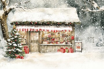 Christmas shop front, Christmas tree in the window with presents under it, a snowy day outside the store, light pastel colors. Watercolor card, poster