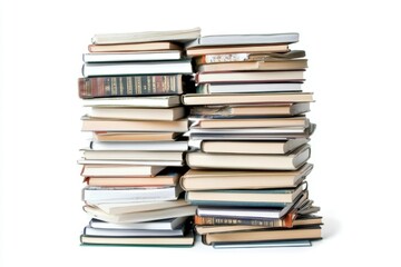 A diverse collection of books stacked on a white background represents education, reading, and knowledge, emphasizing the importance of a varied literary collection.