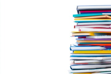 A stack of colorful books is neatly arranged on a white background, representing academic themes, education, knowledge acquisition, and the joy of reading and learning.