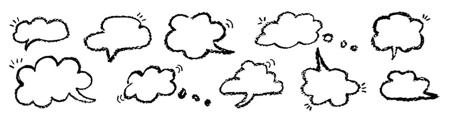 Set of speech bubbles in the form of clouds sky. Comic frame templates for dialogues. Collection of children speech balloons handwriting with wax pen. Black frames in doodle style. Vector illustration