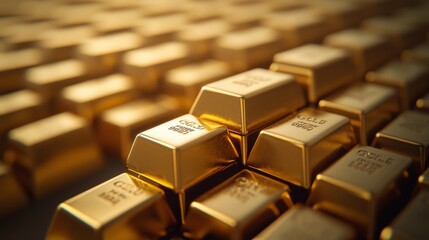 A close-up view of stacked gold bars showcases their luxurious and shiny surface. Create a sense of financial stability, investment security, and economic prosperity.
