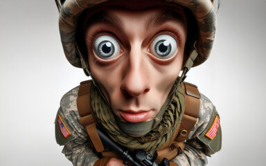 A cartoon soldier with large eyes and a unique scarf around his neck