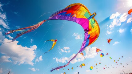 Many colorful kites flying in a blue sky.