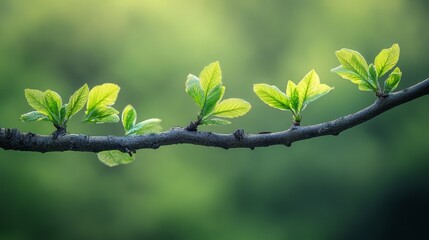 Ultra high definition close-up of branches and leaves, with a beautiful green blur effect in the background. It showcases exquisite details of nature, displaying vibrant green and delicate textures.