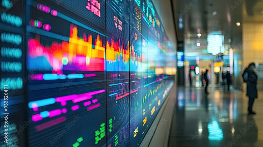 Poster a stock market graph on a large screen, with financial data and numbers scrolling beside it, set in 