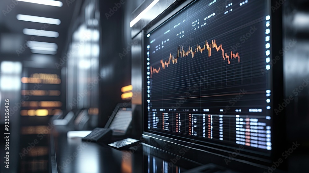 Poster a stock market graph on a large screen, with financial data and numbers scrolling beside it, set in 