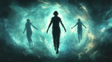 silhouette of a person breaking free from digital chains surrounded by a swirling data vortex glowing particles symbolize newfound freedom in the digital age