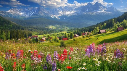 A stunning panorama of the Tatra Mountains in Poland, with colorful flowers blooming in Gasienicowa Valley and charming cottages nestled below.