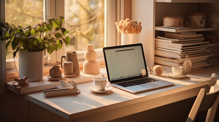 White modern home study space, A well-organized desk with laptop, notebooks, pens and a cup of coffee, Capture the cozy, personal aspect of learning from home.