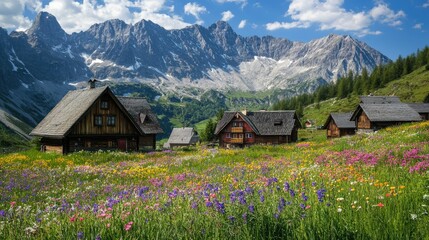 A stunning panorama of the Tatra Mountains in Poland, with colorful flowers blooming in Gasienicowa Valley and charming cottages nestled below.