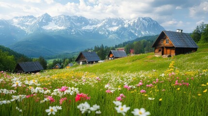 A stunning panorama of the Tatra Mountains in Poland, with colorful flowers blooming in Gasienicowa Valley and charming cottages nestled below.