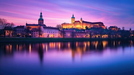 A stunning view of Wawel Castle in Krakow at twilight, with the castle illuminated against a purple-blue sky, and the Vistula River reflecting the serene ambiance.