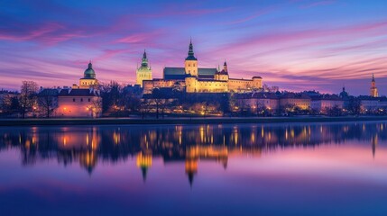 Obraz premium A stunning view of Wawel Castle in Krakow at twilight, with the castle illuminated against a purple-blue sky, and the Vistula River reflecting the serene ambiance.