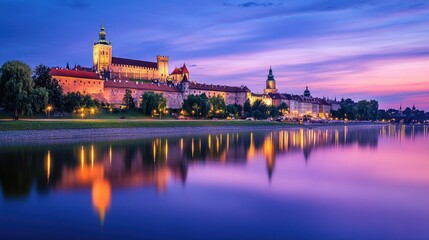 Fototapeta premium A stunning view of Wawel Castle in Krakow at twilight, with the castle illuminated against a purple-blue sky, and the Vistula River reflecting the serene ambiance.