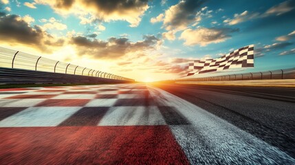 Obraz premium Race Track Finish Line with Checkered Flag at Sunset