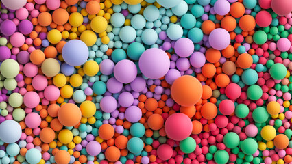 Many bright random pastel colored soft balls background. Colorful balls background for kids zone or children's playroom. Top view of huge pile of colorful balls in different sizes. Vector illustration