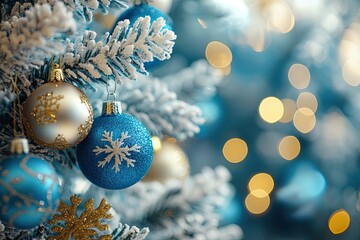 Christmas-themed blue and gold ornaments background, Christmas tree decorations, blue glass baubles with snowflake patterns hanging on Christmas trees, a festive atmosphere