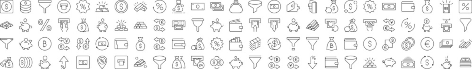 Money Exchange, Currency, Wallet, Bank, Funnel Set of Thin Icons. Editable Stroke. Suitable for Web Sites, Books, Cards, Apps