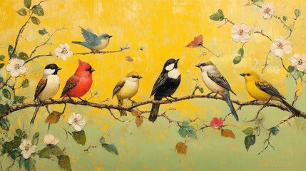 In the brightly colored garden scene, close-up shots capture the different postures of multiple birds surrounded by dense leaves and flowers, with a yellow green background.