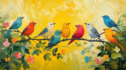 In the brightly colored garden scene, close-up shots capture the different postures of multiple birds surrounded by dense leaves and flowers, with a yellow green background.