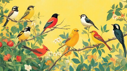 Fototapeta premium In the brightly colored garden scene, close-up shots capture the different postures of multiple birds surrounded by dense leaves and flowers, with a yellow green background.