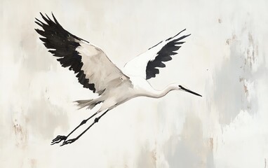 Obraz premium A graceful crane in flight, showcasing its stunning wingspan against a soft, abstract background.