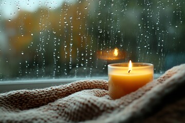 A cozy scene of a candle burning on a windowsill with raindrops on the glass and a soft blanket nearby