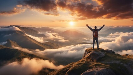 A lone hiker stands on a mountaintop at sunset, arms outstretched above a sea of clouds.