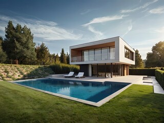 Traditional mediterranean white house with pool,Modern backyard of a swimming pool with house,Trendy outdoor modern house, awning and patio roof, garden lounge, chairs, metal grill surrounded by lands